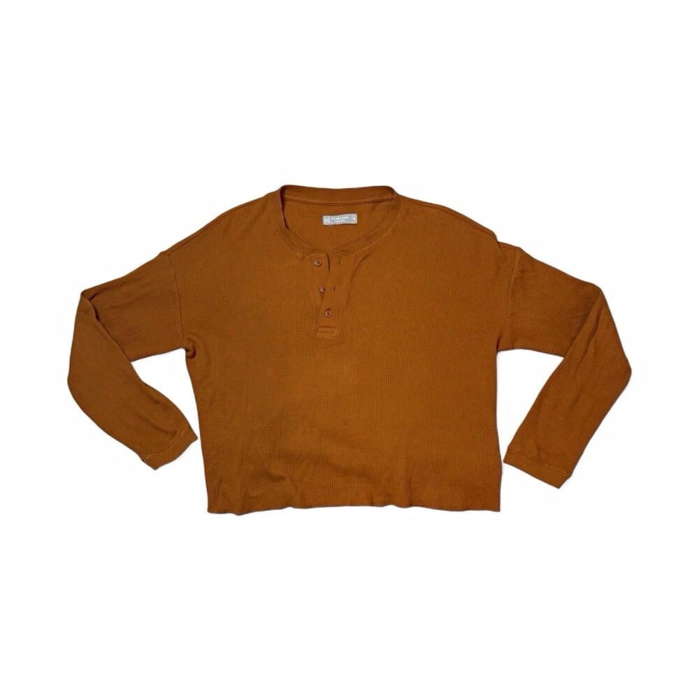 Everlane Organic Cotton Waffle Henley Orange Cropped Long Sleeve Shirt Size M